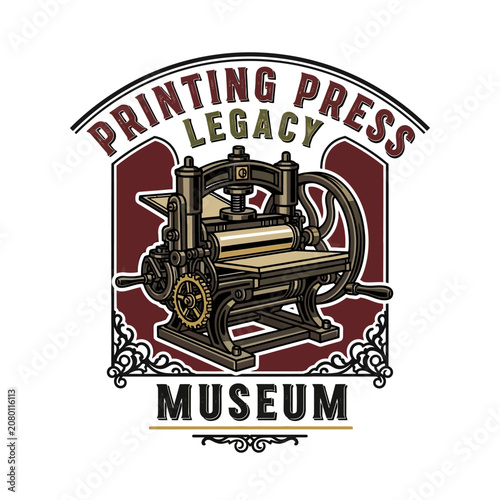 Εκτύπωση καμβά Printing press legacy museum emblem with vintage mechanical machine element for