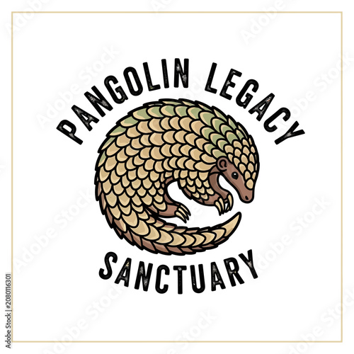 Vintage pangolin with protective scales for sanctuary emblem wildlife conservation nature education animal shelter rare species rescue habitat protection logo design