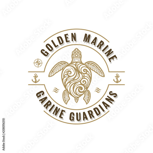 Vintage sea turtle with nautical rope border for marine conservation ocean wildlife protection aquatic environment ecology sea creature logo design