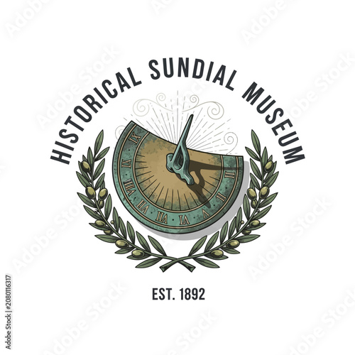 Vintage sundial emblem with olive wreath for historical museum time measurement antique archeology culture heritage research education logo design