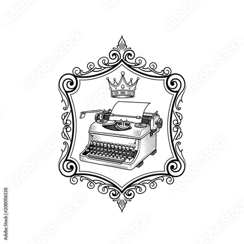 Vintage typewriter emblem with decorative ornate frame for writing literature author retro publishing creative studio storytelling stationary logo design