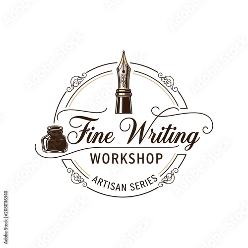 Writing workshop emblem with pen nib inkwell for creative literature education poetry author publishing book club logo design