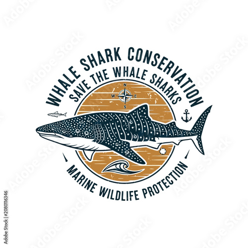 Whale shark silhouette with ocean waves for marine conservation ecology nature wildlife protection environment ocean rescue emblem logo design