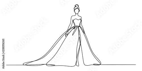 Bild auf Leinwand Continuous single line drawing of a beautiful woman wearing a long elegant weddi