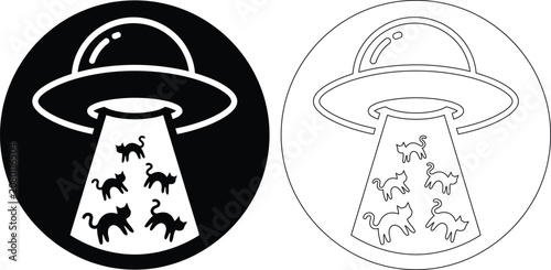 Minimalist UFO alien abduction icons, flying saucer beaming up cats vector, black and white sci-fi spaceship circle emblems