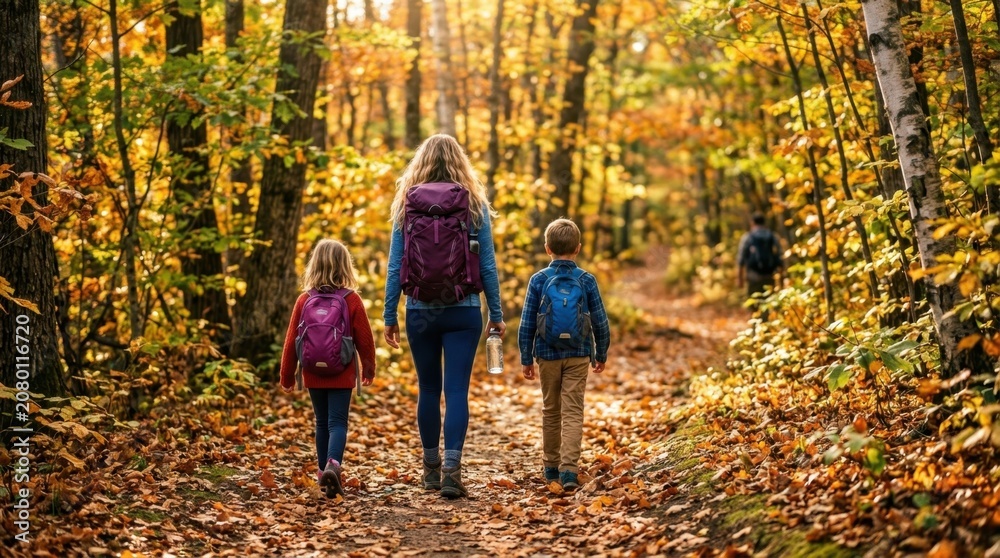 Fototapeta premium Young mother and her two children wearing backpacks hike along a scenic forest path covered in fallen leaves during a sunny autumn day.