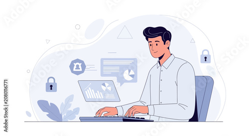 Man working on computer with data analytics and security icons, modern flat design style