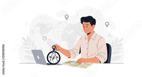 Man working with compass, map, and laptop, planning a journey, exploring the world