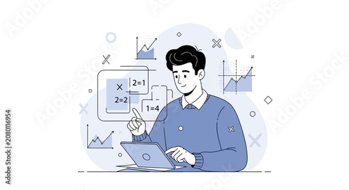Man working with data and analytics, focusing on charts and calculations, modern vector illustration