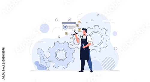Mechanic in front of gears and analytics dashboard, representing teamwork, industry, and data analysis