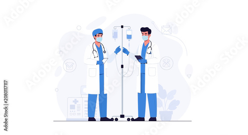 Medical Professionals with IV Drip Stand: Modern Flat Illustration for Healthcare and Science Concepts