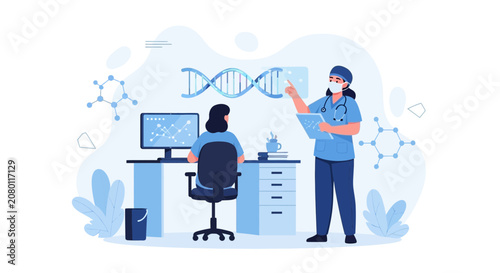 Medical Professionals Analyzing DNA Data in Modern Laboratory Setting with Futuristic Technology