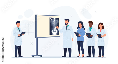 Medical Team Discussing Spine X-ray Scan Results on Screen, Doctors Meeting, Healthcare Concept