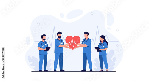 Medical Team Caring for Heart Symbol with EKG Line Background