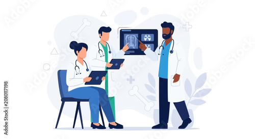 Medical Team Discussing X-ray Results, Modern Flat Illustration