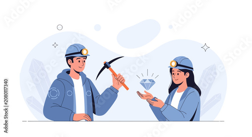 Miners Discovering Diamond Treasure - Modern Flat Illustration with Blue Tones