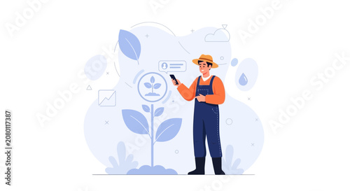 Modern Farmer Using Smartphone for Smart Agriculture, Technology in Farming, Crop Growth Monitoring