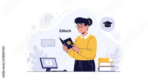 Modern Edtech Illustration: Student with Laptop, Books, and Digital Learning Elements