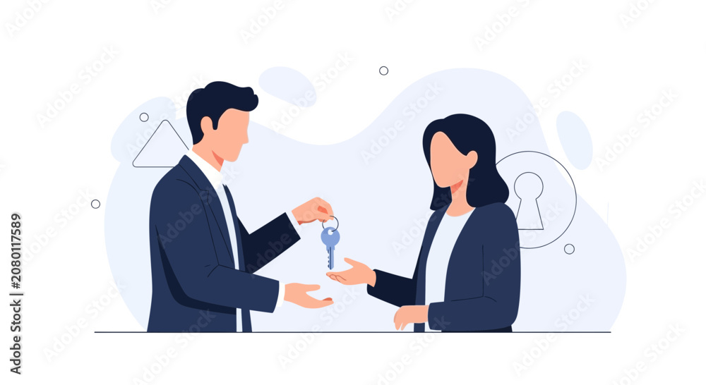 Obraz premium Real Estate Agent Hands Over House Keys to New Homeowner in Modern Flat Illustration Style