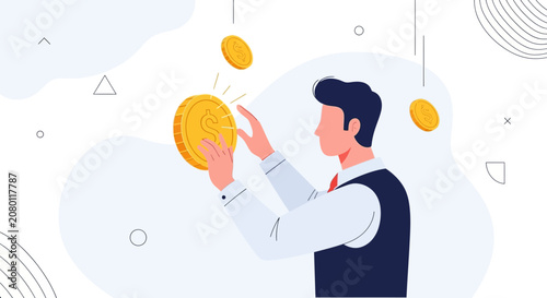 Man Catching Falling Gold Coins in Modern Flat Illustration Style