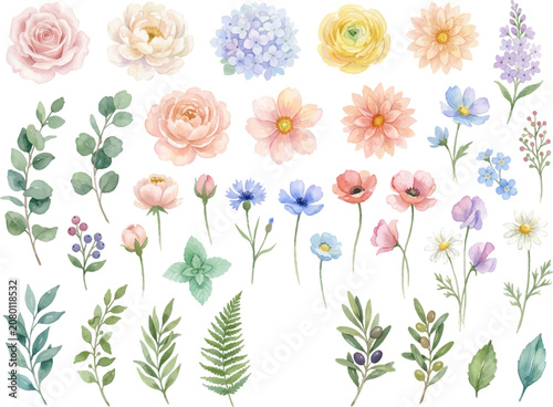 Watercolor floral bouquet with roses, hydrangeas, peonies, dahlias, cornflowers, poppies, daisies, fern, branches, and berries. Ideal for wedding invitations, greeting cards, and stationery.