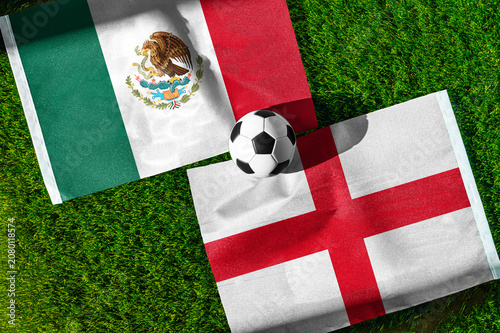 Mexico vs England, national flags before international football match, football on green grass with stadium in the background, Estadio Azteca, Mexico City, Mexico, July 5, 2026