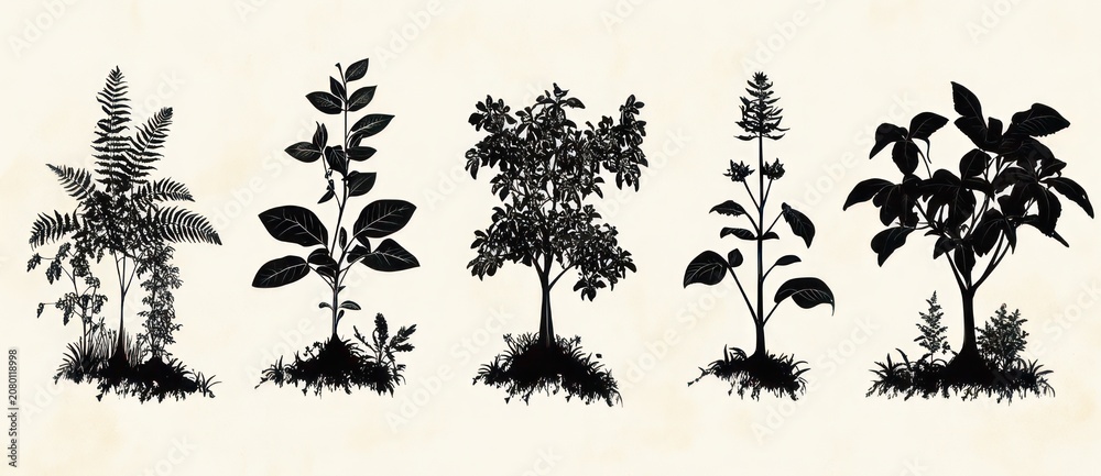 Fototapeta premium Five black botanical silhouettes of different plants and grasses with visible roots and grass bases on a textured beige background, evoking a calm nostalgic botanical study