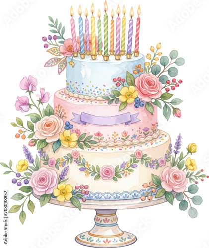 Multitiered birthday cake with floral decorations, pastel colors, frosting, candles perfect for celebratory occasions, dessertthemed designs, and bakery promos.
