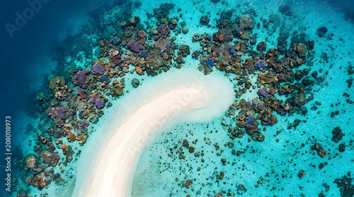 Aerial Tropical Sandbar Surrounded by Vibrant Coral Reef in Blue Sea