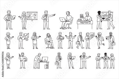 Professional office workplace activities business characters icon set
