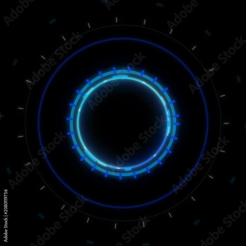 Six glowing blue neon circles on black background with dots, technology interface elements