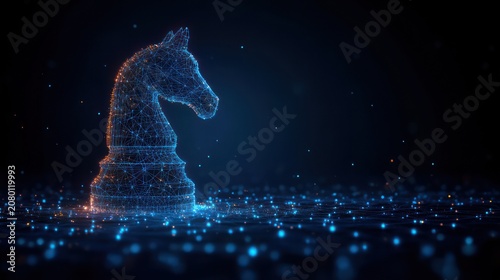 Glowing wireframe chess knight of blue and orange digital points and lines standing on a shimmering particle grid against a dark background, evoking strategic calm and futuristic contemplation