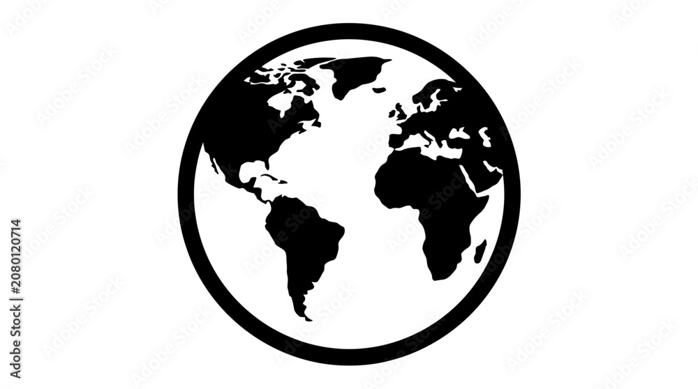 Fototapeta premium Black and white minimalist earth globe vector icon isolated on white background, perfect for global business logos, environmental awareness campaigns and web design projects