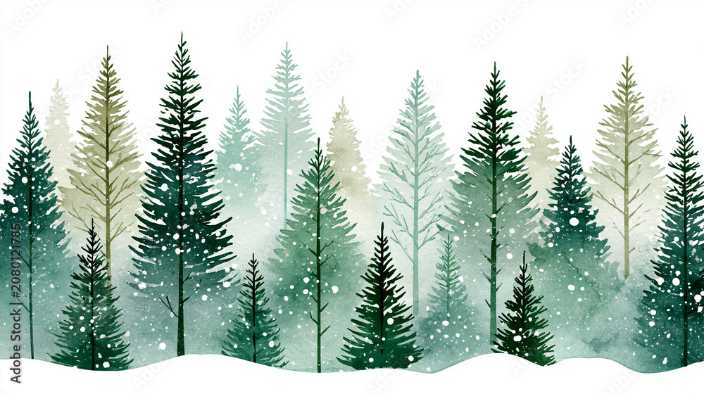 Obraz premium Stylized winter forest with snow-covered evergreen trees in shades of green and blue on a soft white snowy background.