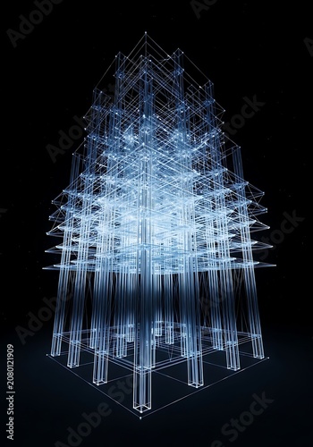 Futuristic blue architecture, glowing neon structure, modern technology concept, digital design element