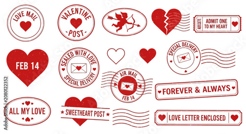 Foto Red Valentine's Day postal stamp collection with romantic hearts and Cupid icons