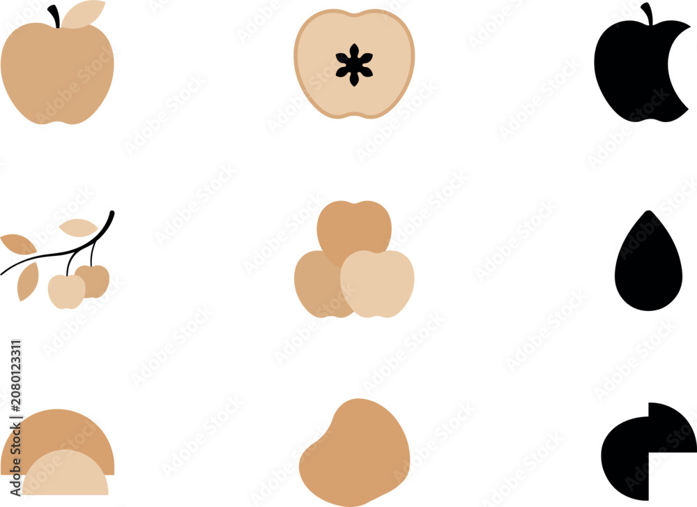 Fototapeta premium PrintMinimalist Apple Vector Icon Set Featuring Silhouette and Neutral Tone Designs of Whole Fruit Cross Section Bitten Slice Seed and Tree Branch Elements