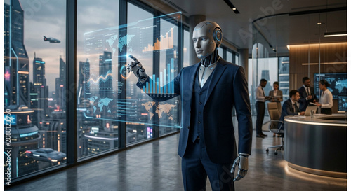 A professional businessman in a modern office interacting with a complex glowing holographic data map, representing global business intelligence, corporate strategy, and future technology trends