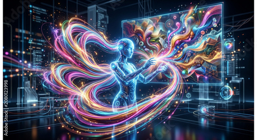 An artistic 3D rendering of an ethereal AI energy being surrounded by vibrant swirling colorful light waves, representing artificial intelligence, digital consciousness, magic, and creative technology