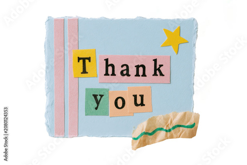 Handmade thank you note created with colorful paper cutouts and  star shape