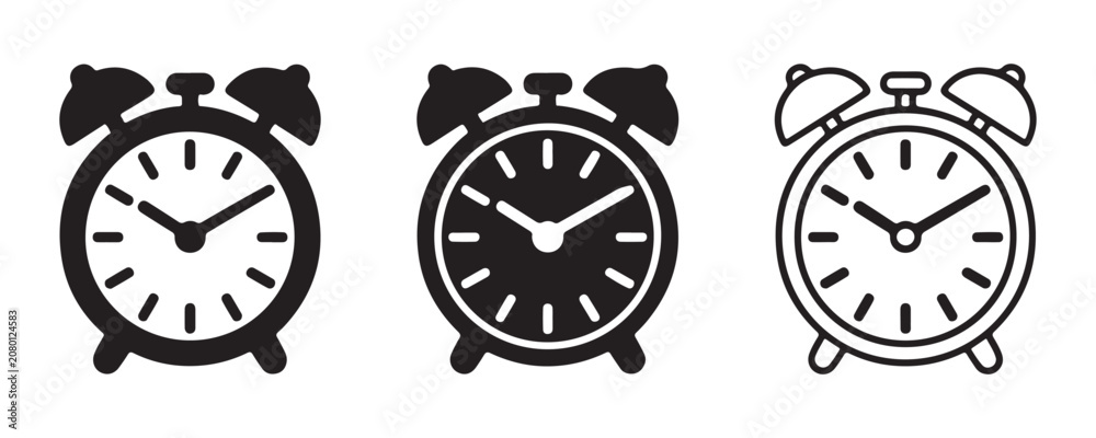 Fototapeta premium Icon set of vintage style alarm clocks featuring round clock faces with distinct hand positions and shapes.