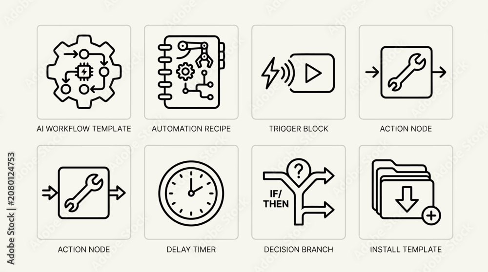 Fototapeta premium Workflow automation design collection featuring ai templates recipe steps trigger blocks action nodes delay timers decision paths and template installation icons for process management systems.