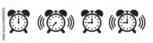 Φωτογραφία Set of black ringing alarm clock icons on a transparent background indicating wake up time signals