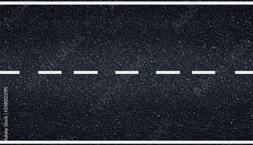A top-down view of a textured dark asphalt road surface featuring clean white horizontal lane markings that divide the path, ideal for transportation backgrounds, travel concepts, or design