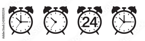 Fotografi Set of black alarm clock icons featuring various hour hand positions and twenty four hour sign layout