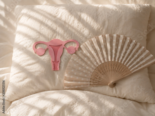 Menopause and women's health concept with paper uterus, pillow and folding fan