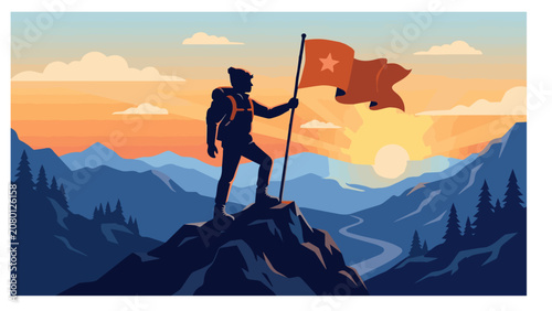 Man on mountain peak with flag at sunrise, symbolizing achievement and success