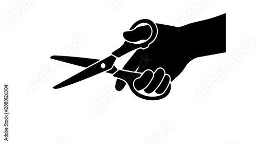 Hand holding scissors, cutting action icon