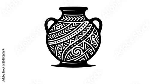 Black and white ancient greek vase illustration with tribal patterns