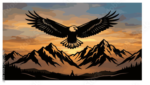 Majestic Eagle Soaring over Mountains at Sunset